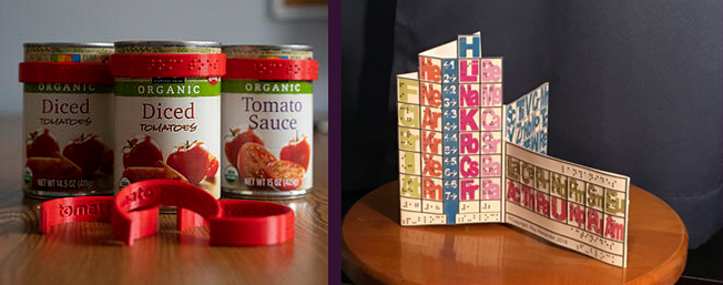 two photos - CanDo labels on tomato sauce can, and the Pocket Braille Periodic Table.