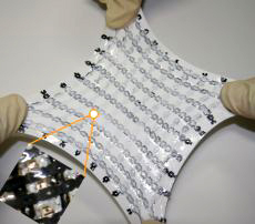A sample of rubber-like circuits that can twist, stretch and bend without losing conductivity