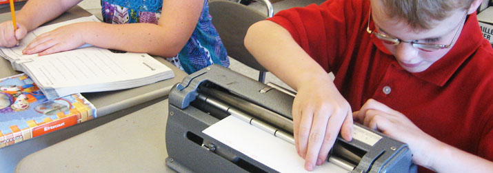 Three rotating images: Mom and daughter, braille notetaker, and girl reading braille