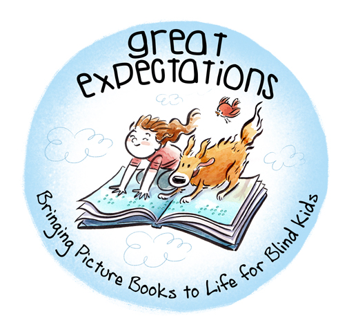 Great Expectations logo, shows a girl and dog flying on a giant braille book