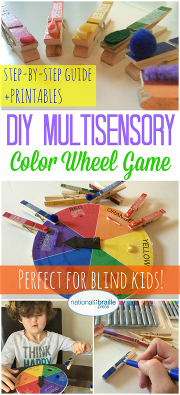 Social media image: Pictures of game, says DIY multisensory color wheel game. Perfect for blind kids! step-by-step guide and printables.