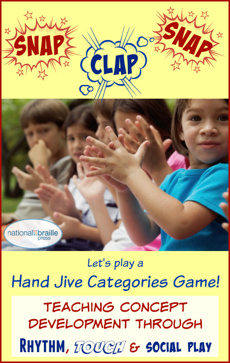 Hand jive clapping game teaches concept development through rhythm, touch and social play.