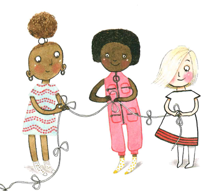 Image from Iggy book: three girls help tie strings together