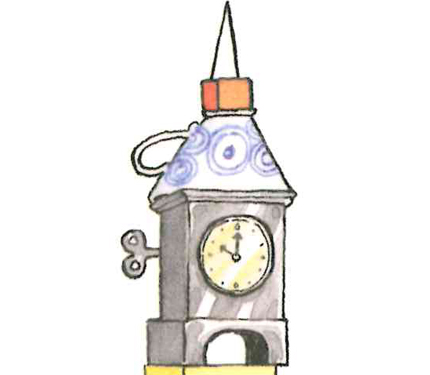 Image from Iggy book: Small clock tower that Iggy built.