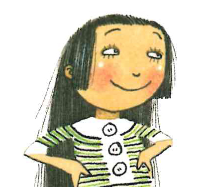 Image from Iggy book: Girl, hands on hips and smiling, gives side-eye, as if at a bad joke.