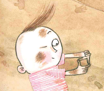 Image from Iggy book: Baby Iggy using hands to frame a scene.