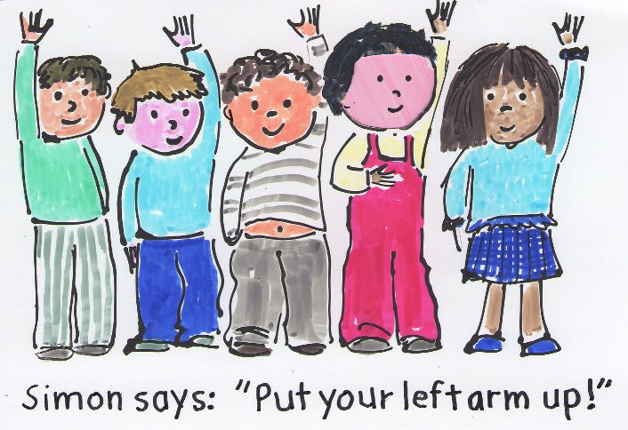 cartoon drawing of kids raising one hand in the air. text says, simon says, put your left armm up.