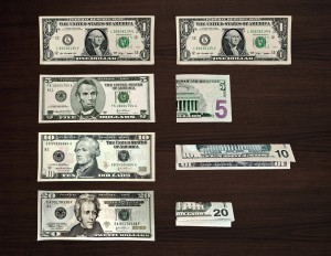 different bills folded in different ways.