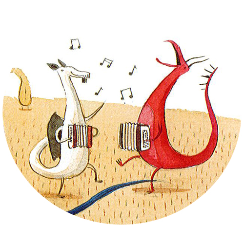 Picture from the book shows dragons at an accordion party