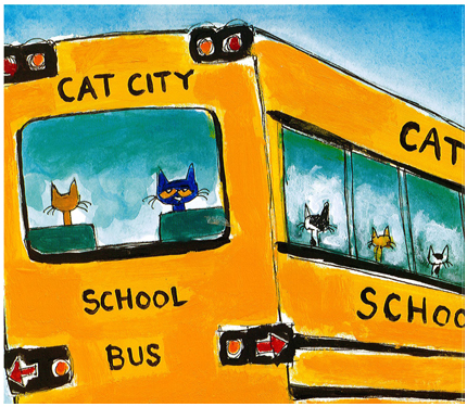Image from Pete book: Pete looks out from the back window of a school bus.