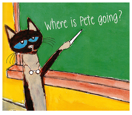 Image from Pete book: Pete's teacher writes on the board, 'Where is Pete Going?'