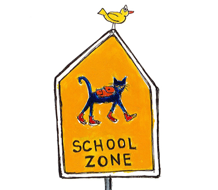 Image from Pete book: Street sign says School Zone with a picture of a cat walking.
