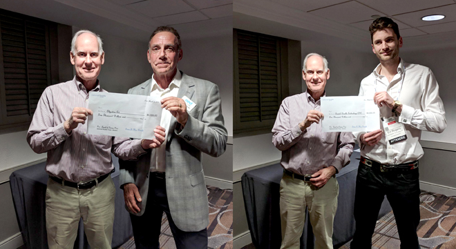 two photos - Brian MacDonald with Marty Shutz of ObjectiveEd, and Brian with Ed Rogers of Bristol Braille.