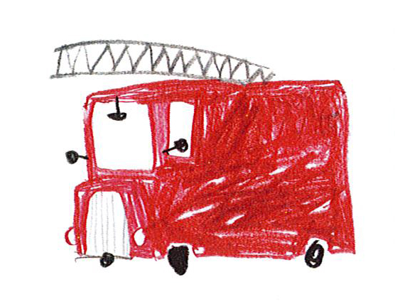 Drawing from the book of a red firetruck