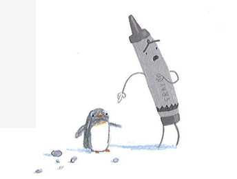 Drawing from the book of gray crayon and a penguin