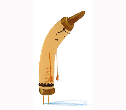 Beige crayon frowns sadly down at the ground