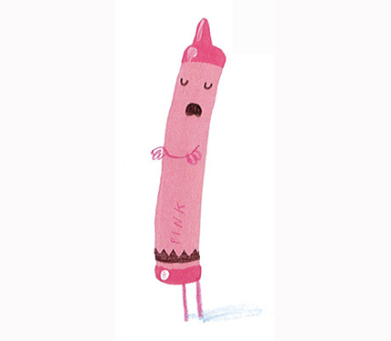Pink crayon has arms folded, seems offended