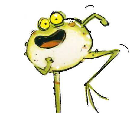 Image from Grumpy book: frog jumps happily