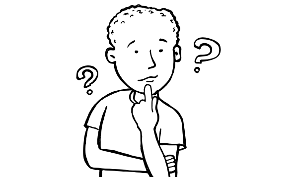 drawing of a boy thinking, with question marks around him