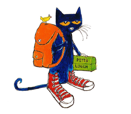 Image from Pete book: Pete stands dressed for school with shoes, backpack and lunchbox.